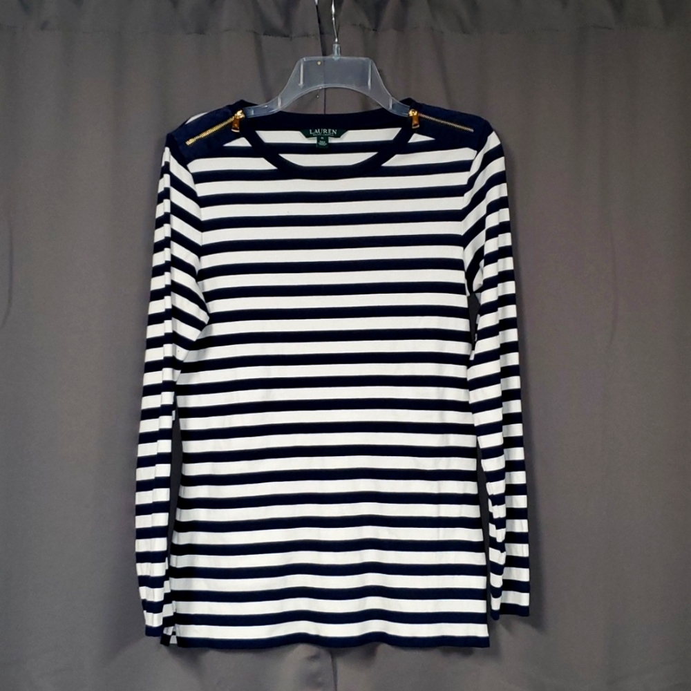 1X Lauren Ralph Lauren Navy and White Striped Long Sleeve Tee